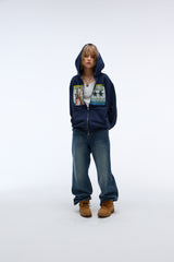 Sound wave artwork damage washing hoodie zip-up (Navy)_1