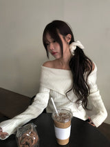 Fuzz Collar Rib Off-Shoulder Slit Long Sleeve Knit