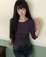 Hena Diagonal Button 7-Sleeve T-Shirt