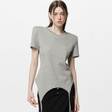ショルダーパデットワッフルTシャツ _ グレー