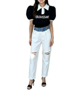 カラー レタリング プリント パフスリーブ スリムフィット Tシャツ