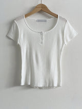 Lua Round Neck Button Ribbed Short Sleeve Knit Top 8 Colors