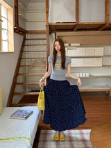 Cozy Navy Flower Frill Long Banding Skirt