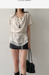 [Short Sleeve Version] Drape Color Matching Loose Fit Blouse