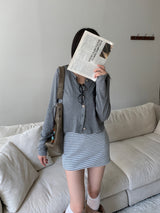 Light Hour ストライプノースリーブドレス & シルバーボタンカーディガン 2-piece Set (Gray)