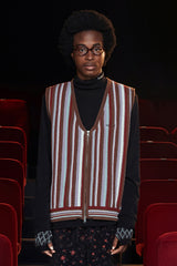 STRIPE ZIP KNIT VEST / BROWN