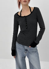 [MADE] Hiko Layered Stripe Halter Henley Neck Long Sleeve T-shirt