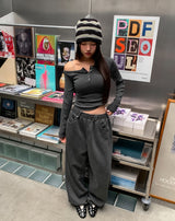 Tees リブボタンアンバランスショルダーロングスリーブ