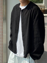 Hidden button linen wide set up-shirts 2C