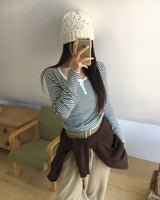 Color-Blocked Henley Neck Stripe T-Shirt