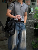 Front cut line henry-neck short sleeve t-shirt