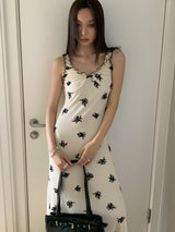 Beige Black Flower Long Dress