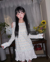 (2color) Frill Slub Stripe Cut-Out Shoulder Long Sleeve Tee