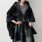 Trin boxy fit denim short-sleeved shirt collar hooded jacket