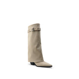 Colorful Bridge | Designer Belt Buckle Long Boots with Pants Tube Design, Women's High Boots with Small Square Toe and Chunky Heels