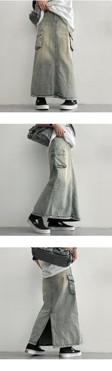 Mewelry Washing Cargo Denim Long Skirt