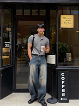 Front cut line henry-neck short sleeve t-shirt