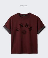ロールアップスリーブクロップド半袖Tシャツ クラックソーラー バーガンディ