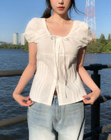 May Ribbon Pintuck Puff Blouse
