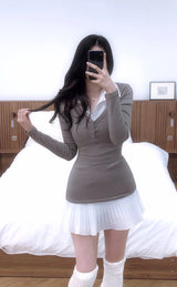 Slim fit V-neck long T-shirt 3color