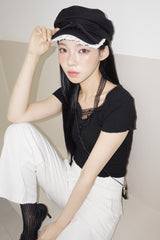 ブラックレイヤードホルターネックストラップショートスリーブTシャツ