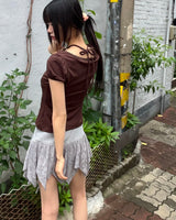 コードビーズリボンシャーリングパフ半袖Tシャツ