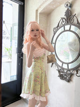 ROSE ISLAND Matcha Peach Dew Bowknot Halter Neck Light Pink Contrast Mint Green Old-fashioned Floral Dress