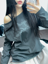レタリングオフショルダーUネックロングスリーブTシャツ 🩶🤍🖤3カラー