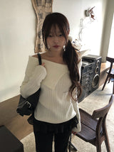 Fuzz Collar Rib Off-Shoulder Slit Long Sleeve Knit