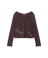 FLOWER SHIRRING SLIM LONG SLEEVE - BROWN