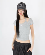 LAYERED STRAP HALF T-SHIRT [4color]