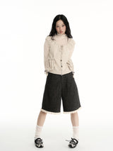 CONFUN sleeveless drawstring beaded linen design short pullover hoodie