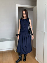 Navy Pleats Wrap Long Sleeveless Dress