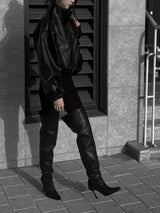 high neck cropped leather jacket