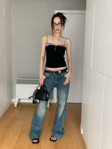 Checkered Layered Shirring Black Sleeveless T-shirt