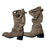 Rustle Buckle Strap Soft Slouch Suede Long Boots