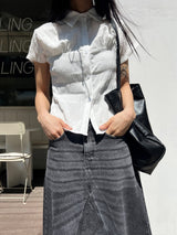 Ripple Mood Stripe Span Shirring Short Sleeve Shirt (3 colors)