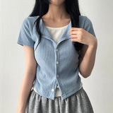 Dove Side Shirring Pleated Layered Snap Short-Sleeved Cardigan T-Shirt