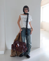 Unbalanced off-shoulder lettering short-sleeved T-shirt
