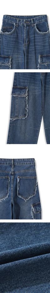 [Unisex] Fringe cargo denim pants(3color)