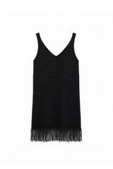 FRINGE-HEM KNIT V-NECK DRESS IN BLACK