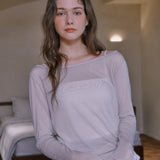 シースルーボートネックTシャツ - ライトグレー
