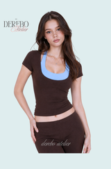 Blue Halter Brown Short-Sleeved T-shirt