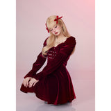 [Girly Fancy Club] レトロレッドベルベットツーピースプリンセスドレス