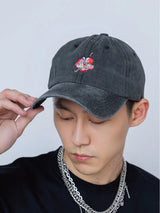 "See You in Paris" Floral Embroidery Denim Washed Baseball Cap (Black)