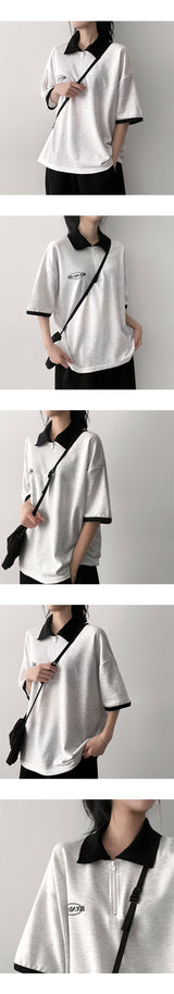Light Half Zip-Up Coloring Collar Short Sleeve T-shirt