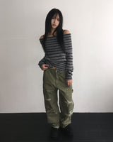 ストライプオフボタンニット