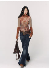 CONFUN Design sense three-dimensional cat whiskers, aged washed flared jeans style