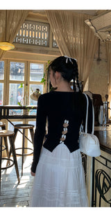 バックホワイトボウロングスリーブニットTシャツ