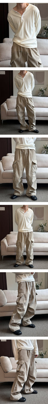 [Unisex] コーデュロイバンディングカーゴワイドパンツ(2color)